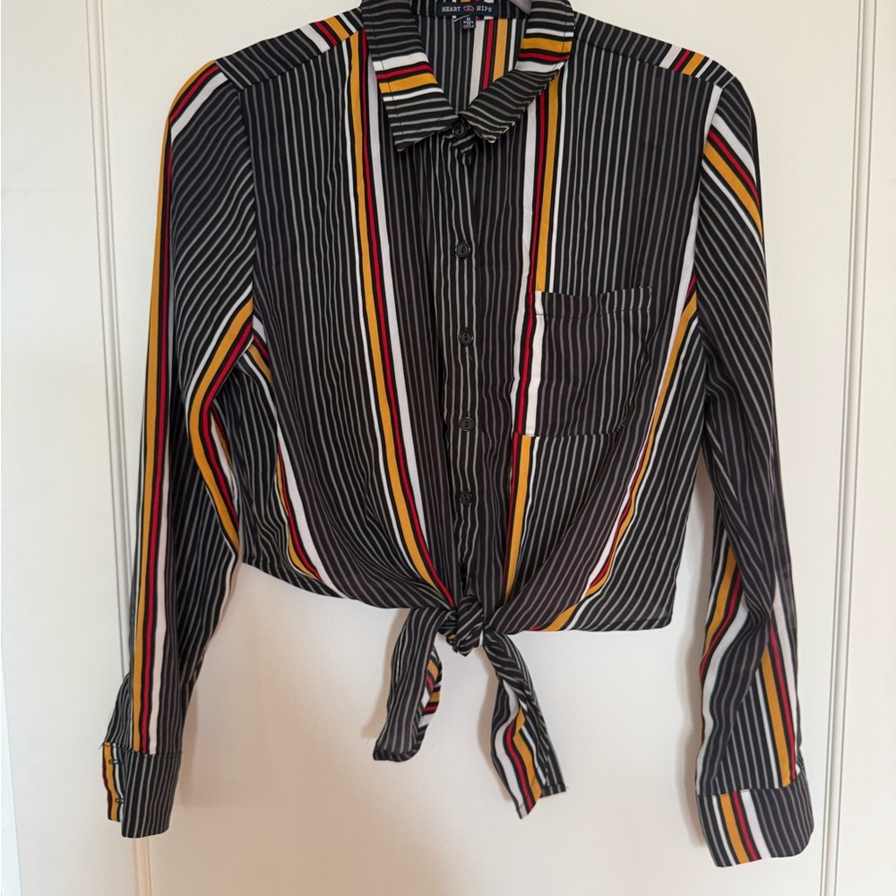 Heart Hips Black Striped Tie-Front Button Down Shirt with Red & Yellow Accents